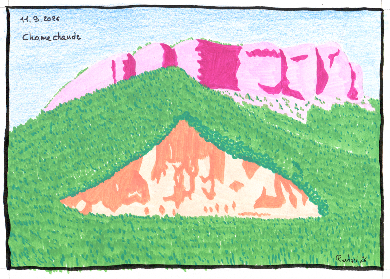 Dessin aux feutres acrylique représentant Chamechaude, une montagne avec des falaises rocheuses verticales qui dépassent d'une grande pente boisée. Le ciel est bleu